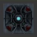 Futuristic Sci Fi Metal Panel With Central Blue Glowing Sphere And Red Fan Shaped Structures