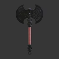Double Edged Fantasy Axe With Decorative Metal Blades Red Braided Handle And Intricate Patterns
