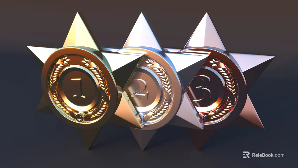 Star Shaped Decorative Ornament Set with Numbers 1 2 3 Laurel Wreath Accents Gold Silver 3d model 