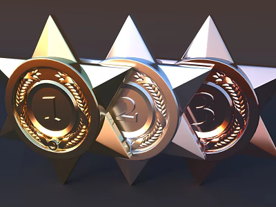 Star Shaped Decorative Ornament Set with Numbers 1 2 3 Laurel Wreath Accents Gold Silver 3d model