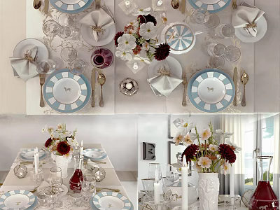 Elegant Tableware Set With Plates Glasses Utensils And Floral Bouquet For Dining Table 3d model