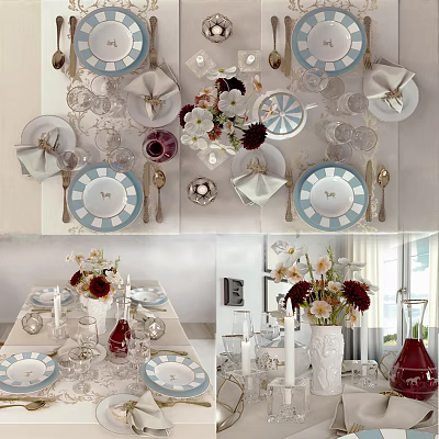 Elegant Tableware Set With Plates Glasses Utensils And Floral Bouquet For Dining Table 3d model
