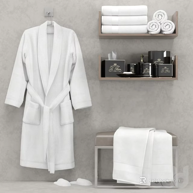 Elegant Bathroom Accessories Including White Bathrobe Towels Toiletries On Shelf And Bench 3d model 
