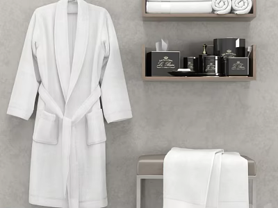 Elegant Bathroom Accessories Including White Bathrobe Towels Toiletries On Shelf And Bench 3d model