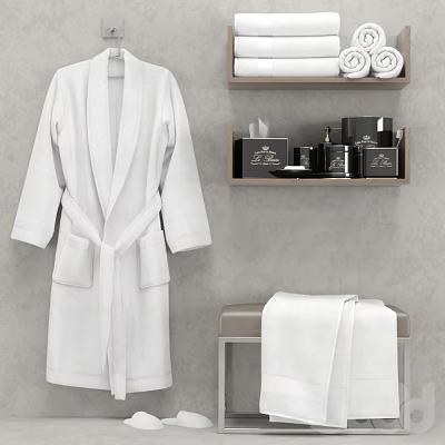 Elegant Bathroom Accessories Including White Bathrobe Towels Toiletries On Shelf And Bench 3d model