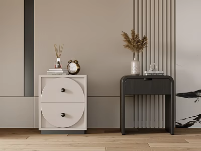 Minimalist White And Black Bedside Tables With Drawers And Decorative Accents 3d model