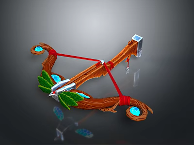 Fantasy Wooden Bow Weapon With Red String Green Leaves Blue Gems And Silver Arrow 3d model