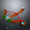 Fantasy Wooden Bow Weapon With Red String Green Leaves Blue Gems And Silver Arrow