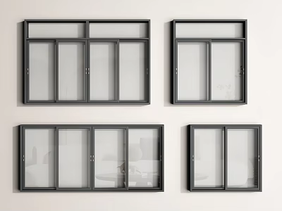 Black Frame Windows In Various Styles Mounted On White Wall With Glass Panels 3d model