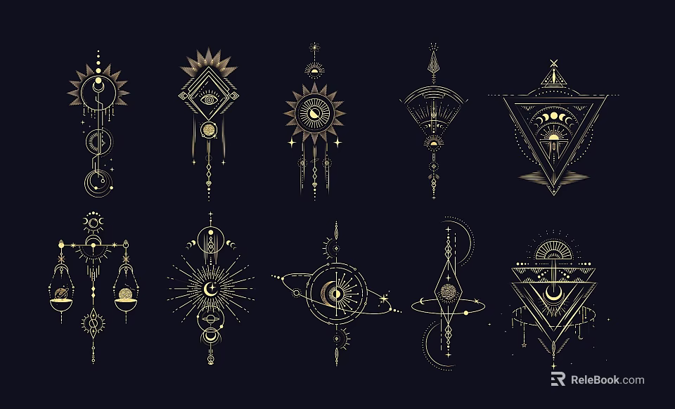 Golden Mystical Geometric Wall Decor With Sun Moon Symbols And Intricate Patterns 3d model 