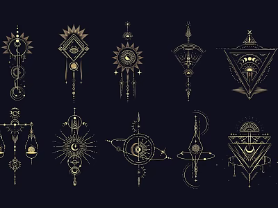 Golden Mystical Geometric Wall Decor With Sun Moon Symbols And Intricate Patterns 3d model