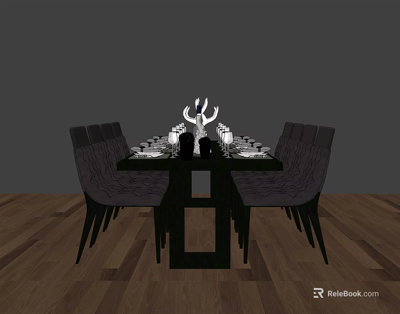 Dark Colored Dining Table Set With Chairs Tableware And Antler Decor On Wooden Floor 3d model 