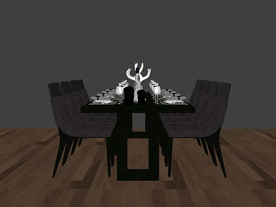 Dark Colored Dining Table Set With Chairs Tableware And Antler Decor On Wooden Floor 3d model