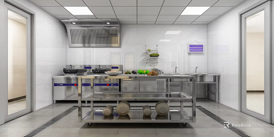 Practical Commercial Kitchen Interior With Stainless Steel Worktables Range Hood Shelves And Fresh Ingredients 3d model 