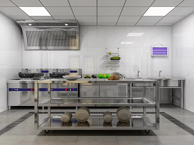 Practical Commercial Kitchen Interior With Stainless Steel Worktables Range Hood Shelves And Fresh Ingredients 3d model