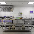 Practical Commercial Kitchen Interior With Stainless Steel Worktables Range Hood Shelves And Fresh Ingredients