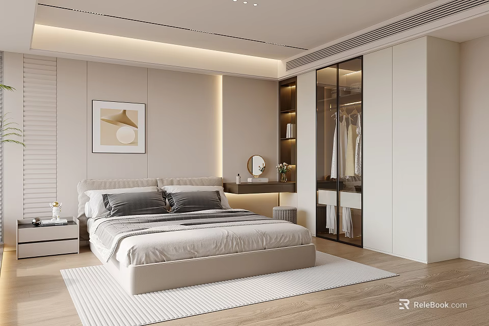 Elegant Modern Bedroom Interior Design With Comfortable Bed Nightstand Glass Wardrobe And Decorative Artwork 3d model 
