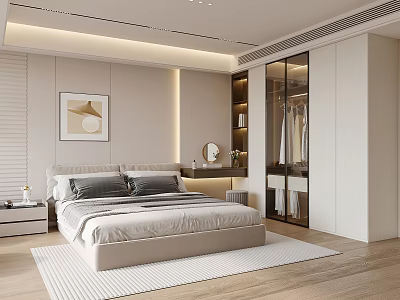 Elegant Modern Bedroom Interior Design With Comfortable Bed Nightstand Glass Wardrobe And Decorative Artwork 3d model