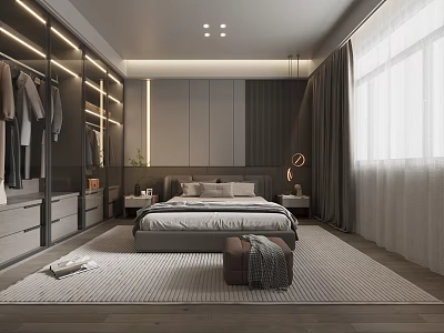 Modern Bedroom Interior With Built in Wardrobe Bed Bedside Tables And Curtains 3d model