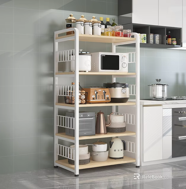 Multi Tiered Kitchen Storage Shelf With Microwave Pots Bowls And Bottles 3d model