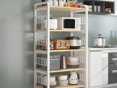 Multi Tiered Kitchen Storage Shelf With Microwave Pots Bowls And Bottles 3d model