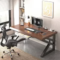 Modern Wooden Office Desk With Dual Monitors Black Chair And Desk Lamp