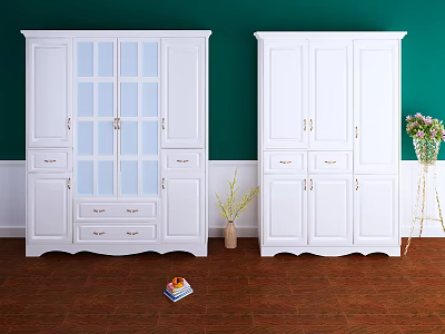 Classic White Wardrobes With Green Wall Brown Floor And Decorative Vase Book 3d model