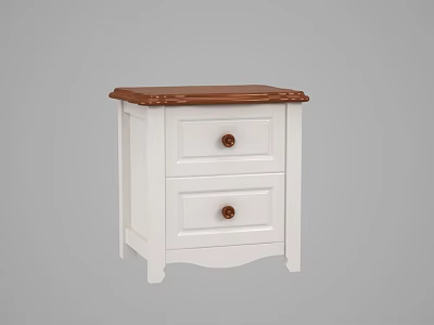 White Bedside Table Featuring Two Drawers Wooden Knobs And Brown Top 3d model