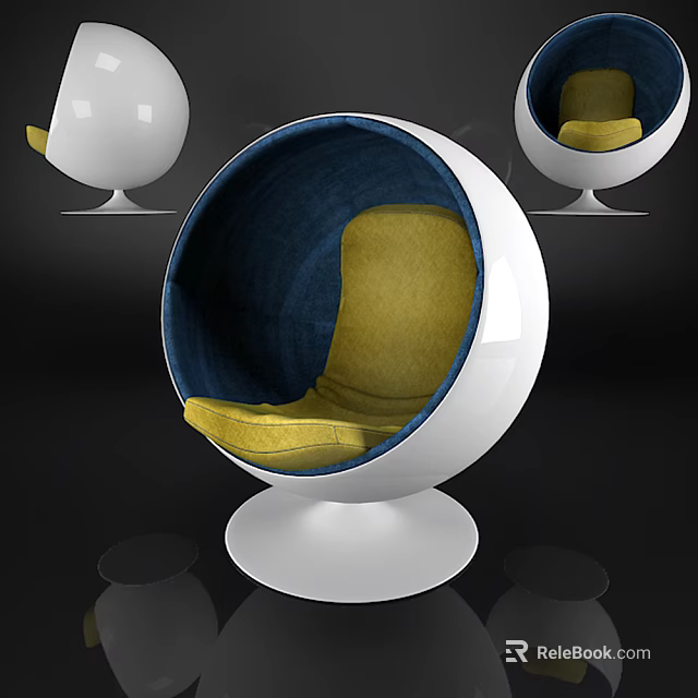 Modern Accent Chair with Round Design White Frame Blue Backrest and Yellow Cushion 3d model 