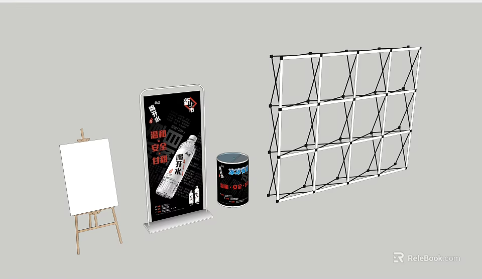 Metal Frame Display Shelf for Exhibition with Easel Signboard and Canister 3d model 