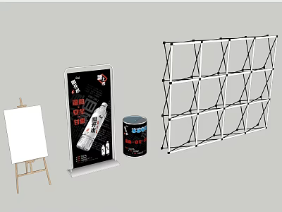 Metal Frame Display Shelf for Exhibition with Easel Signboard and Canister 3d model