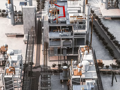 Aerial View of Industrial Factory Building with Multiple Levels Metal Structures and Industrial Equipment 3d model