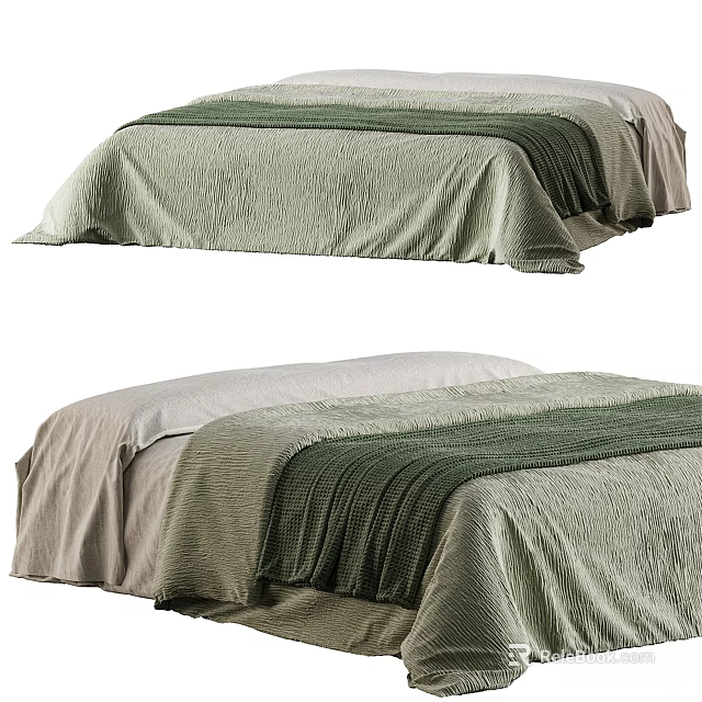 Cozy Double Bed With Green And Beige Textured Bedspread And Soft Sheets 3d model 