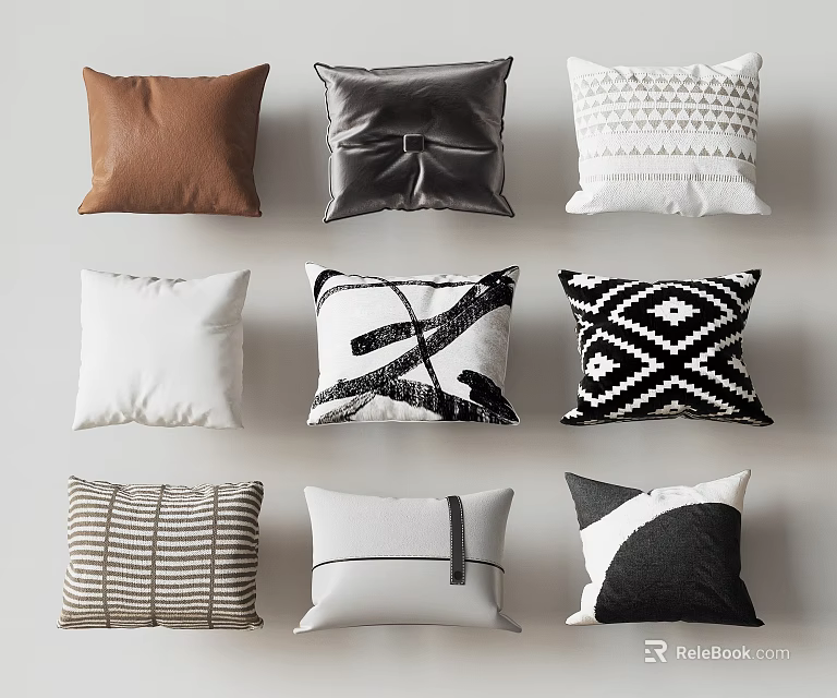 Stylish Decorative Pillows With Geometric Striped Bow And Solid Color Patterns 3d model 