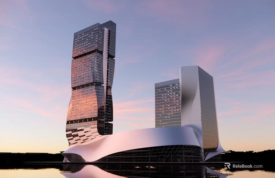 Modern Office Building With Two Tall Towers Unique Curved Roof Sunset Sky And Water Reflection 3d model 