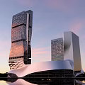 Modern Office Building With Two Tall Towers Unique Curved Roof Sunset Sky And Water Reflection