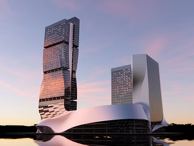 Modern Office Building With Two Tall Towers Unique Curved Roof Sunset Sky And Water Reflection 3d model