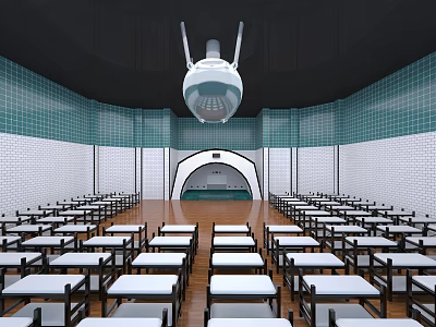 School Classroom Interior With Rows Of Desks Chairs Teaching Platform Tile Walls And Ceiling Lamp 3d model