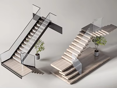 Modern Stairs Design With Glass Railings And Wooden Steps Featuring Potted Plant 3d model