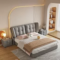 Beige Upholstered Double Bed in Modern Cozy Bedroom with Nightstand and Lit Wall Niche
