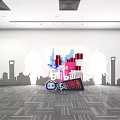 Bilibili Themed Photo Spot With Colorful Blocks TV Shaped Structure And Shanghai Skyline