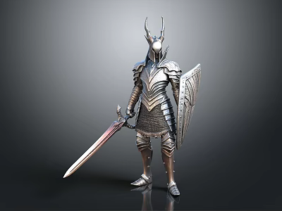 A Man in Horned Helmet and Metallic Armor Holding Long Sword and Shield 3d model