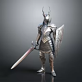 A Man in Horned Helmet and Metallic Armor Holding Long Sword and Shield