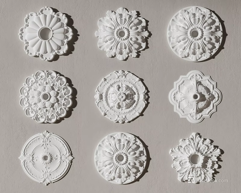 White Decorative Ceiling Medallions With Various Intricate Patterns And Designs 3d model