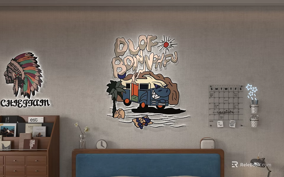 Cartoon Style Wall Decor With Camper Van Palm Tree Sun And DUE BONVAGNU 3d model 