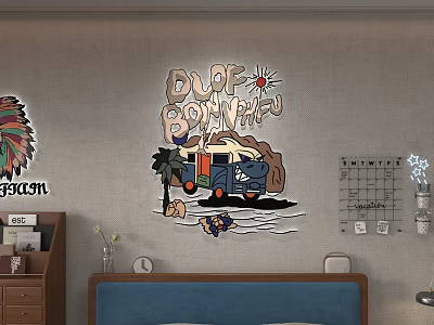 Cartoon Style Wall Decor With Camper Van Palm Tree Sun And DUE BONVAGNU 3d model