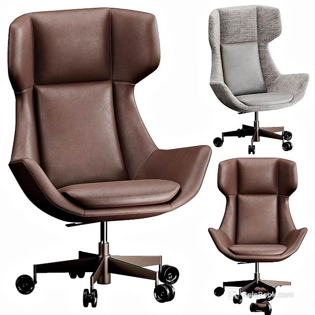 Modern Comfortable Leather And Gray Fabric Leisure Chair With Swivel Wheels Design 3d model 