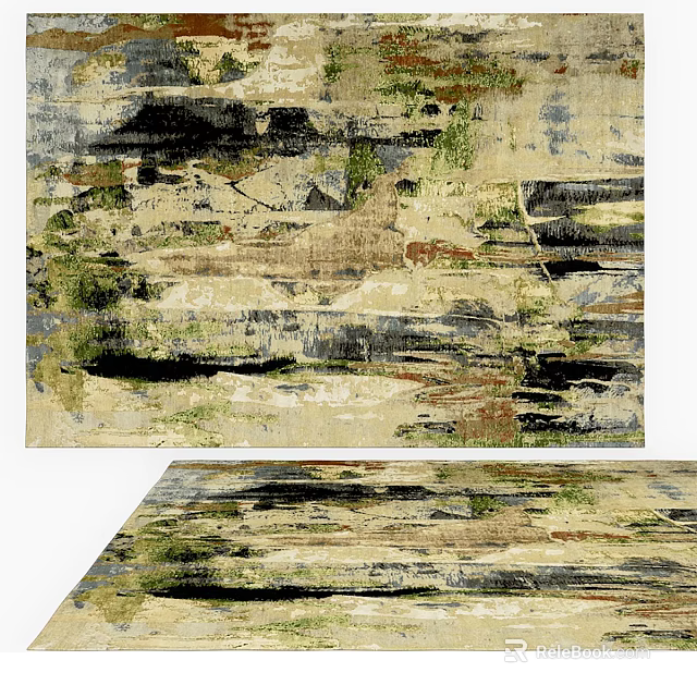 Square Rug With Abstract Pattern Beige Green Black Brown Textured Design 3d model 