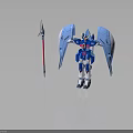 Blue And White Robot Character With Mechanical Wings And Red Spear Weapon