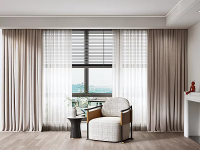 Natural Linen Curtains In Modern Interior With Window Blinds Armchair And Table View 3d model